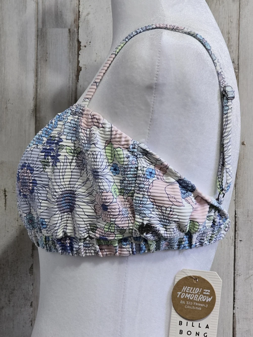 Billabong Field Day Smocked Blue Pink Floral Bralette Bikini Top Size Large